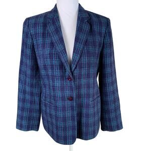 Vintage Judith Hart Size 8 Tweed Blazer Jacket Navy Turquoise Pink Academia